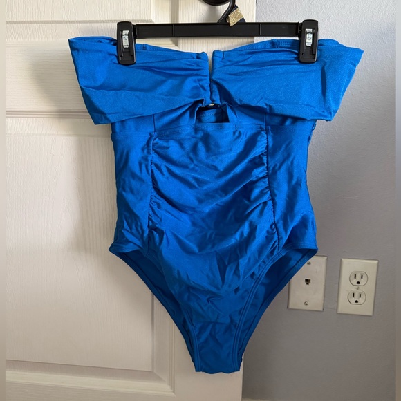 MYNAH Ruched Off-Shoulder One Piece Blue Swimsuit - Picture 2 of 3